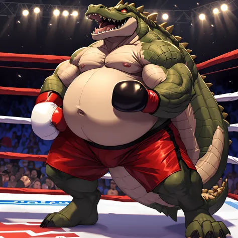 3d rendered boss fight scene, Giant anthropomorphic crocodile character with clothing that exposes his big fat belly, glowing eyes, and boxing gloves, fighting a tiny human in the ring, cute
