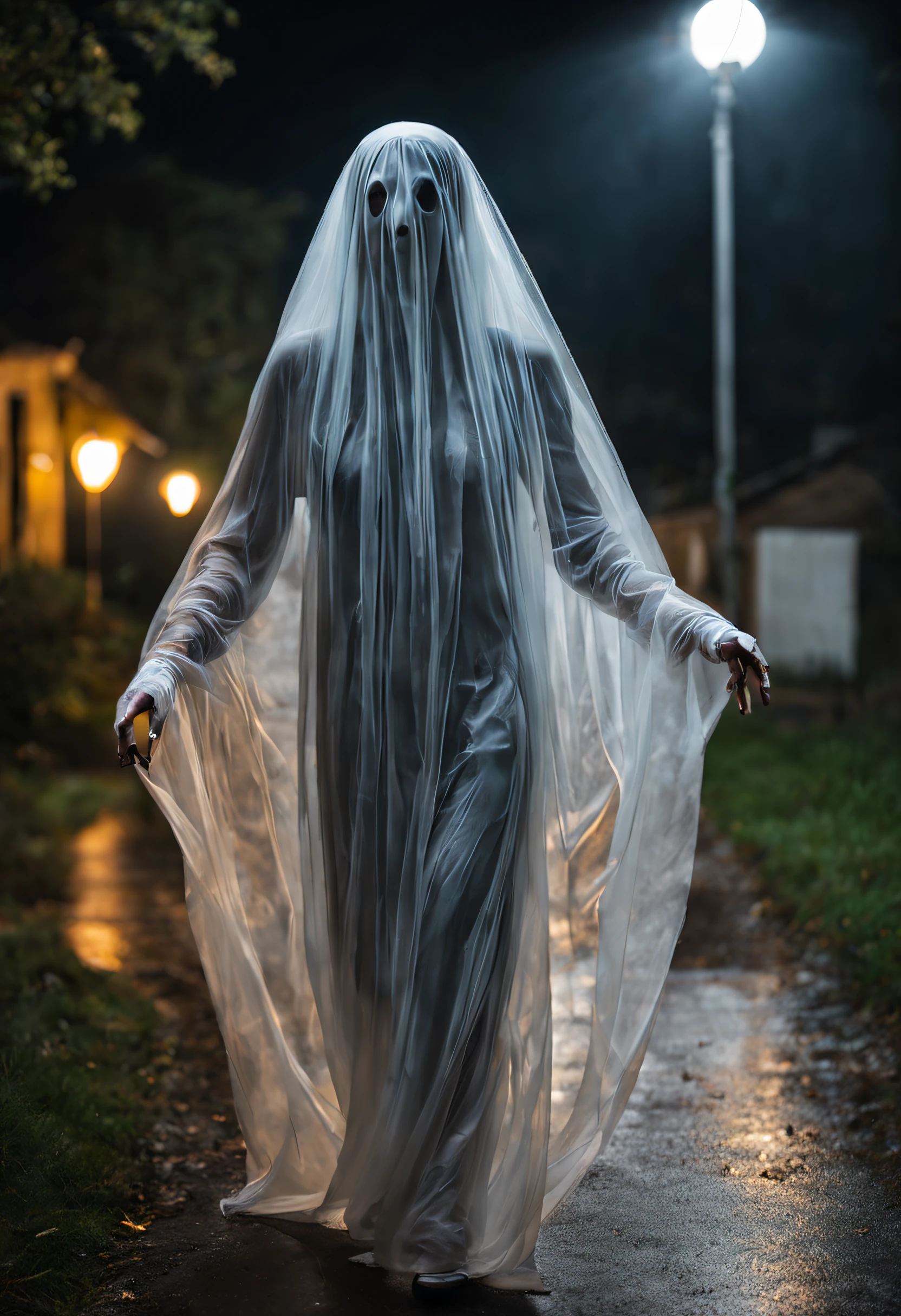 A woman in a ghost costume walking down a street at night - SeaArt AI