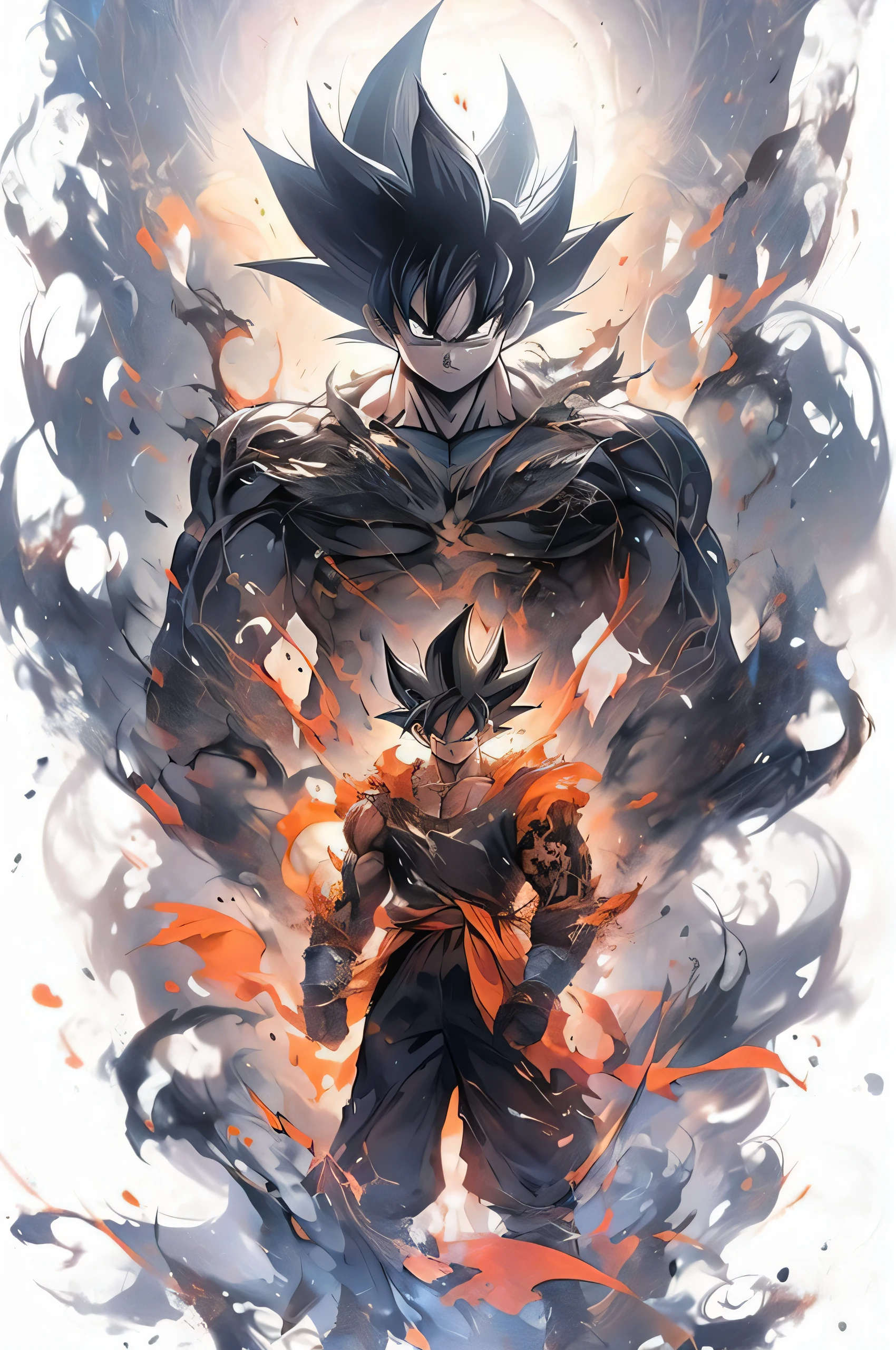 A drawing of a young gohan with flames coming out of his chest - SeaArt AI