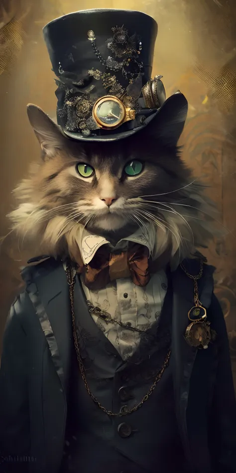 Arafed cat in a top hat and a suit with a chain, steampunk cat, anthro cat, Steampunk Cat Girl Portrait, Elegant cat, Cute chint...