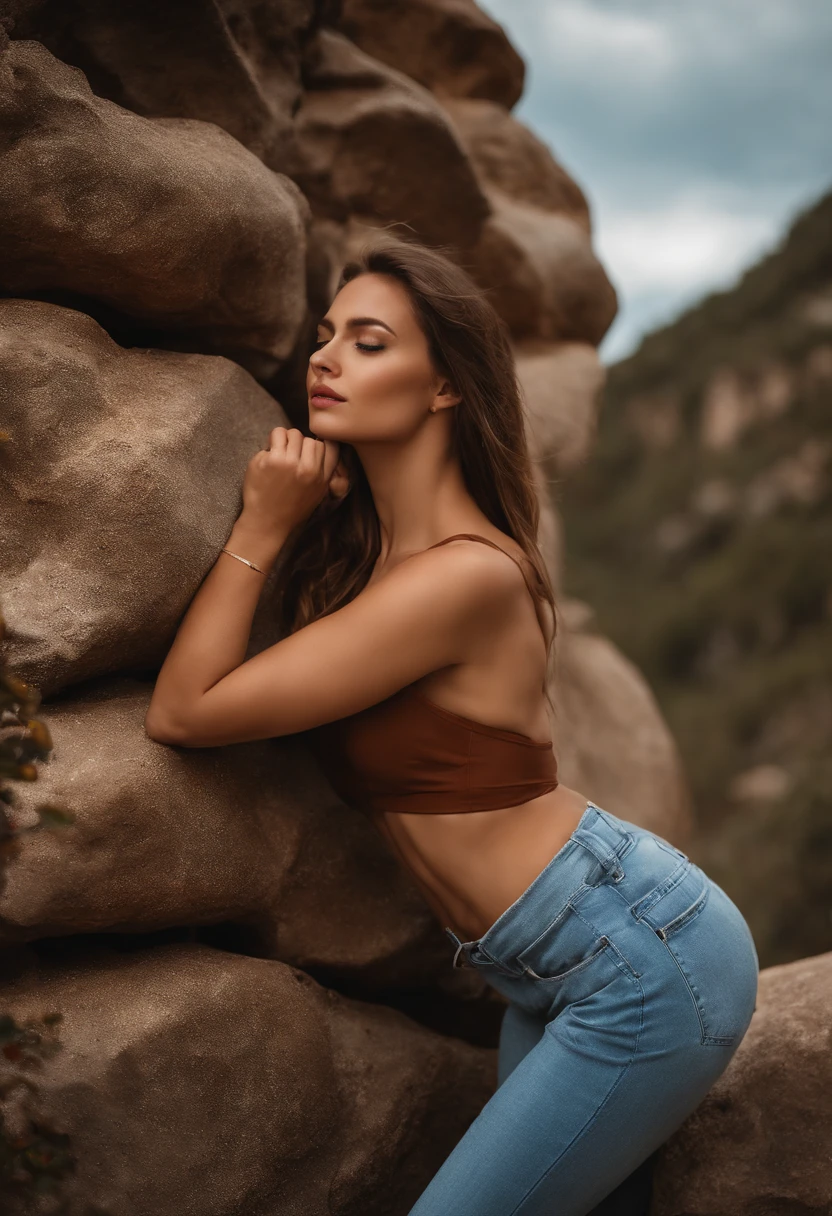 A woman in a brown top and jeans leaning against a rock - SeaArt AI