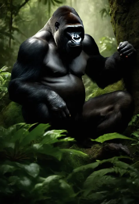 (best quality,ultra-detailed,realistic:1.37),gorilla sitting in a jungle,aggressive expression,smoking a cigar,thick smoke,green lush vegetation,vivid colors,dappled sunlight,menacing dark shadows,ferocious eyes,sharp fangs,strong muscular build,jungle noi...