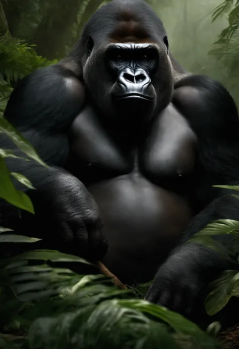 (best quality,ultra-detailed,realistic:1.37),gorilla sitting in a jungle,aggressive expression,smoking a cigar,thick smoke,green lush vegetation,vivid colors,dappled sunlight,menacing dark shadows,ferocious eyes,sharp fangs,strong muscular build,jungle noi...