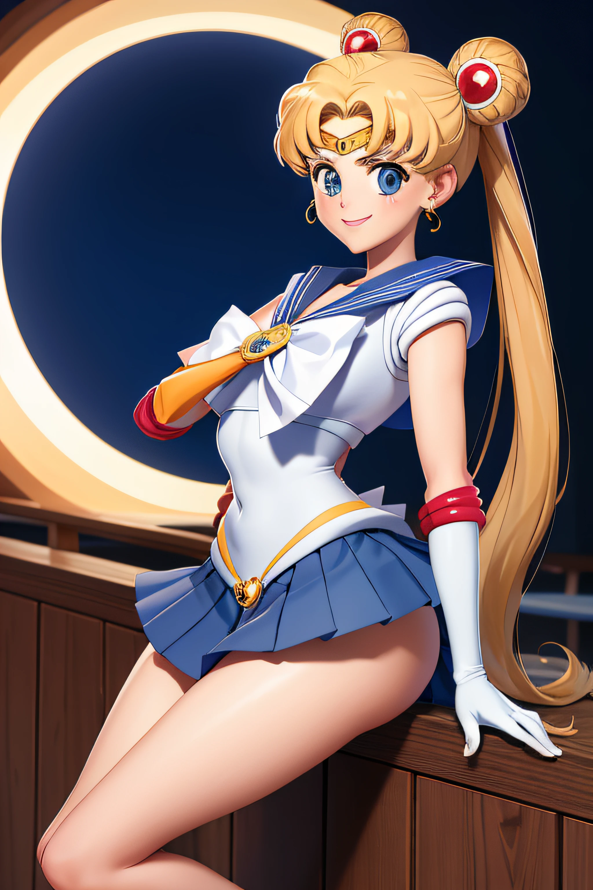 masterpiece, best quality, absurdres, perfect antomy, 1girl, solo, SMMoon, 1990s \(style\), blonde sailor moon, standing, smile, cowboy shot, sailor senshi uniform, sailor collar, blue skirt, elbow gloves, in back pose, show her booty, backwards, no thong big booty, ultra mini skirt sitting crossed legged,  cross legs,