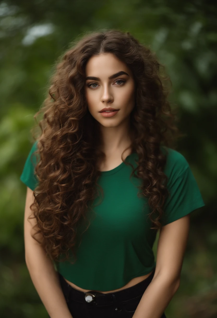 A woman with long curly hair wearing a green top and black pants - SeaArt AI