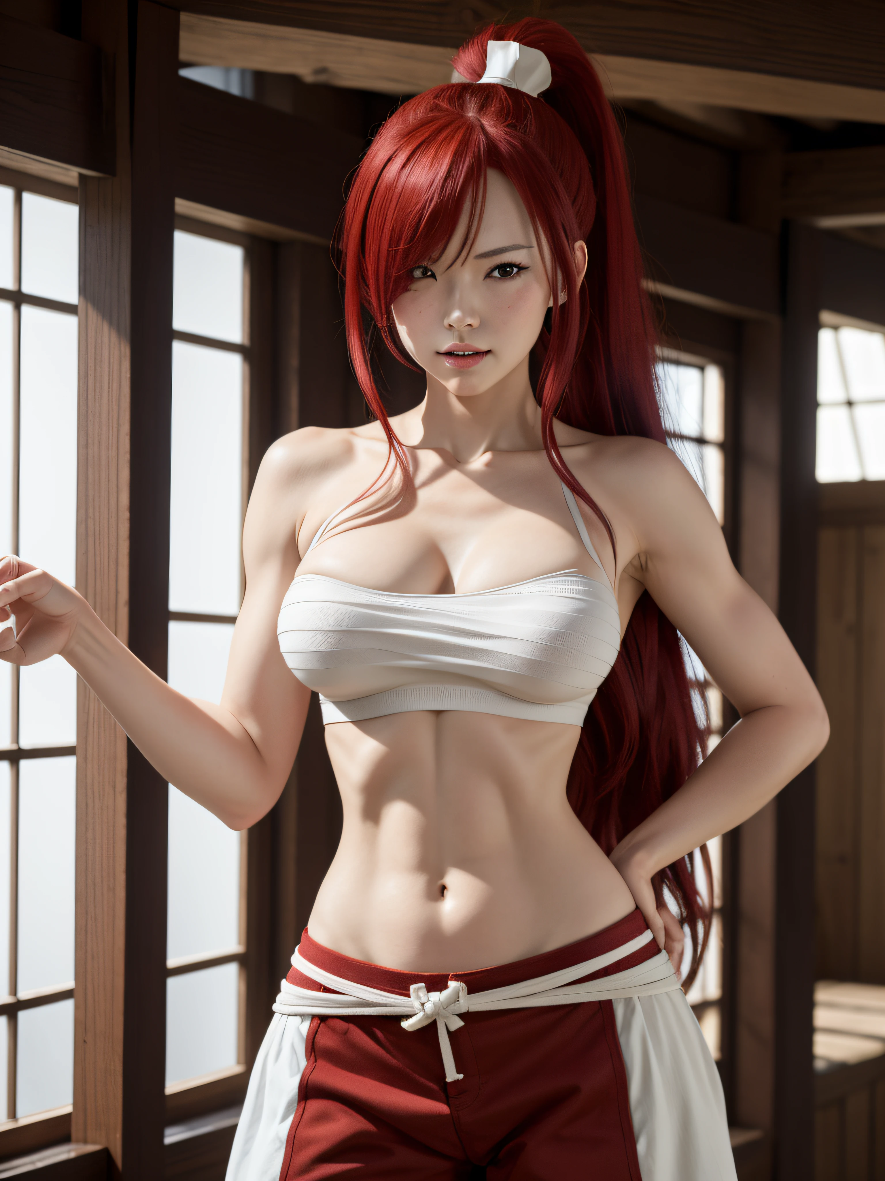 masterpiece, best quality, highres, fairy tail, 1girl, long hair, red hair, ponytail, white ribbon, hair over one eye, brown eyes, large breasts, collarbone, chest sarashi, bandage, bare arms, midriff, red hakama, red pants, cowboy shot, indoors, standing,