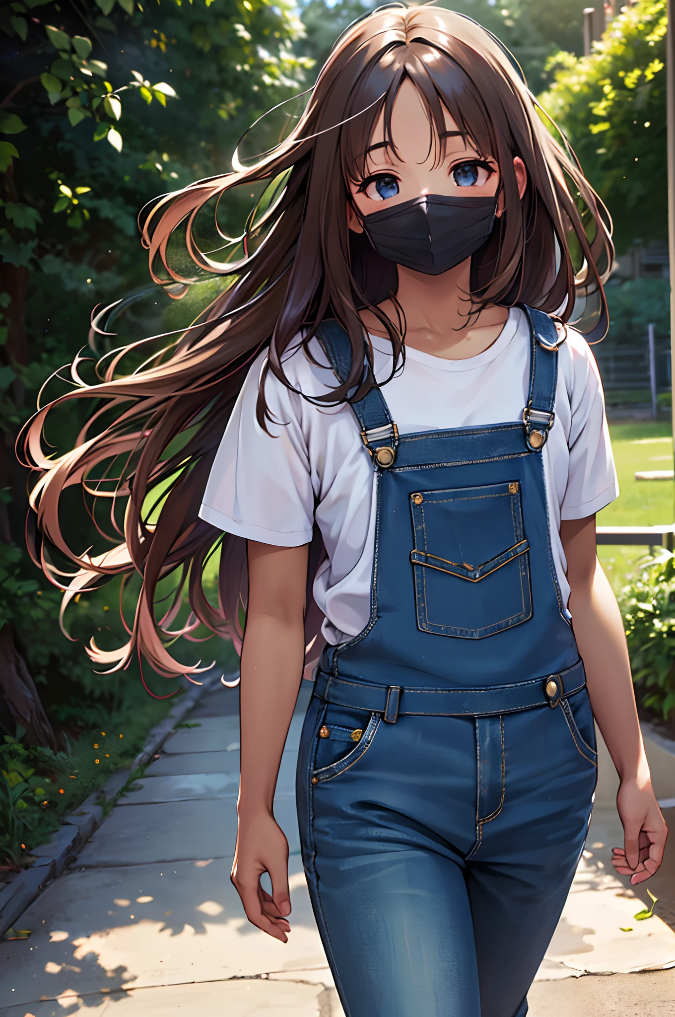 best quality,ultra-detailed,realistic,(portrait,boy,full body),walking,far away,long brown hair,blue eyes,wearing overalls,white shirt,vivid colors,sharp focus,studio lighting,medium:oil painting,impressionistic,colorful background,detailed facial expression,playful and cheerful mood,lively and dynamic pose,light and shadow contrast,painted with precise brushstrokes, [nsfw]“(best quality,4k,8k,highres,masterpiece:1.2),ultra-detailed,(realistic,photorealistic,photo-realistic:1.37),dark blue mask,black mask”