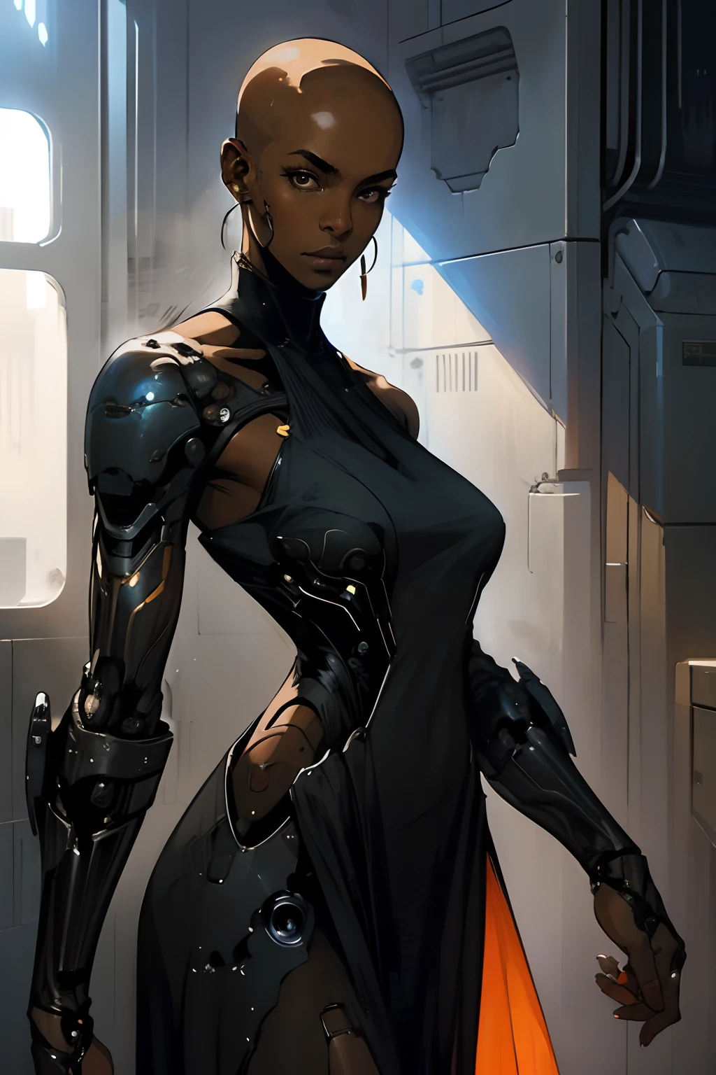 1 beautiful bald dark-skinned woman with mechanical arms in a beautiful dress, sci-fi, (digital painting by Andree Kohn )