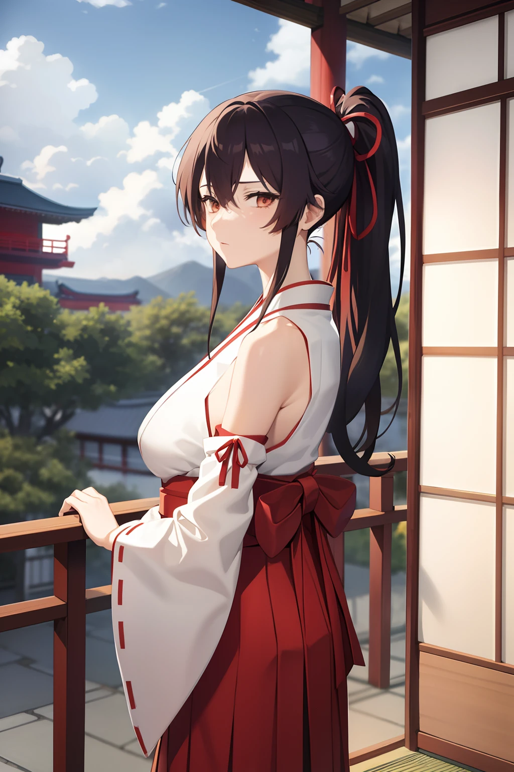 1girl, bangs, bare_shoulders, blue_sky, breasts, brown_eyes, cloud, cloudy_sky, day, detached_sleeves, fence, hair_between_eyes, hair_ribbon, hakama, hakama_skirt, japanese_clothes, kimono, large_breasts, long_hair, looking_at_viewer, obi, railing, red_hakama, red_ribbon, ribbon, sash, shouji, sky, sliding_doors, solo, tree, veranda, white_kimono
((best quality)), ((masterpiece)), (detailed), Sagirin