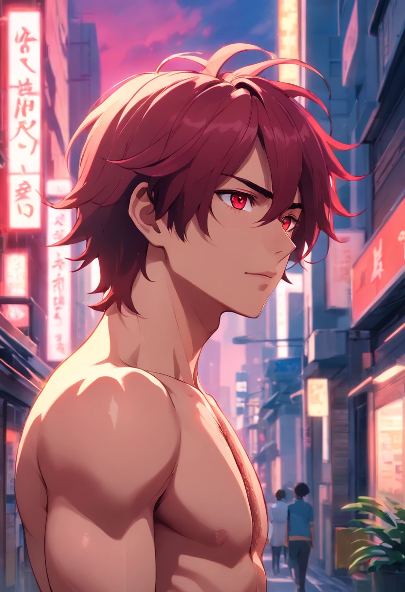 Anime guy with red hair and no shirt standing in a city street - SeaArt AI