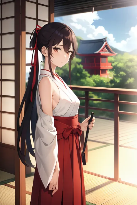 1girl, bangs, bare_shoulders, blue_sky, breasts, brown_eyes, cloud, cloudy_sky, day, detached_sleeves, fence, hair_between_eyes,...