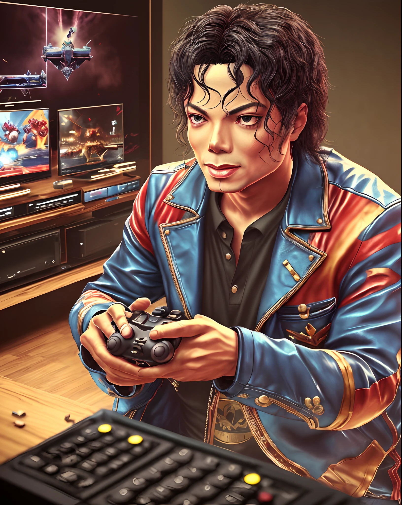 Michael Jackson playing video games, cinematic photographic style, UHD  --auto --s2 - SeaArt AI