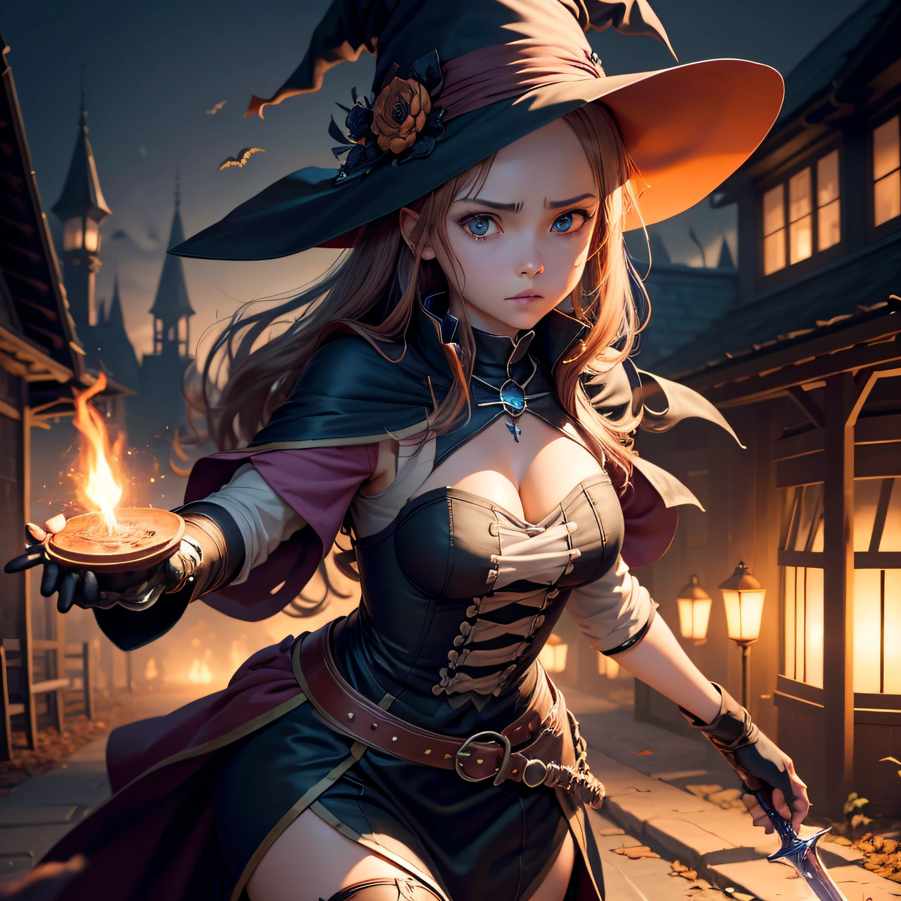 A woman in a witch costume holding a knife and a candle - SeaArt AI