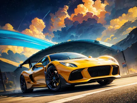 Infinite road stretching through a vibrant, technicolor world, with a futuristic super car racing towards the horizon. The car boasts sleek aerodynamic curves and advanced technology, exuding a sense of speed and power. The road and sky are bathed in brill...