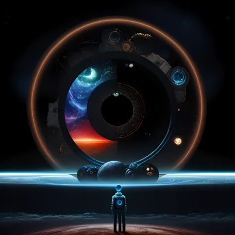 Paisagem futurista, With character looking at event horizon with surrealist symbols of time and space