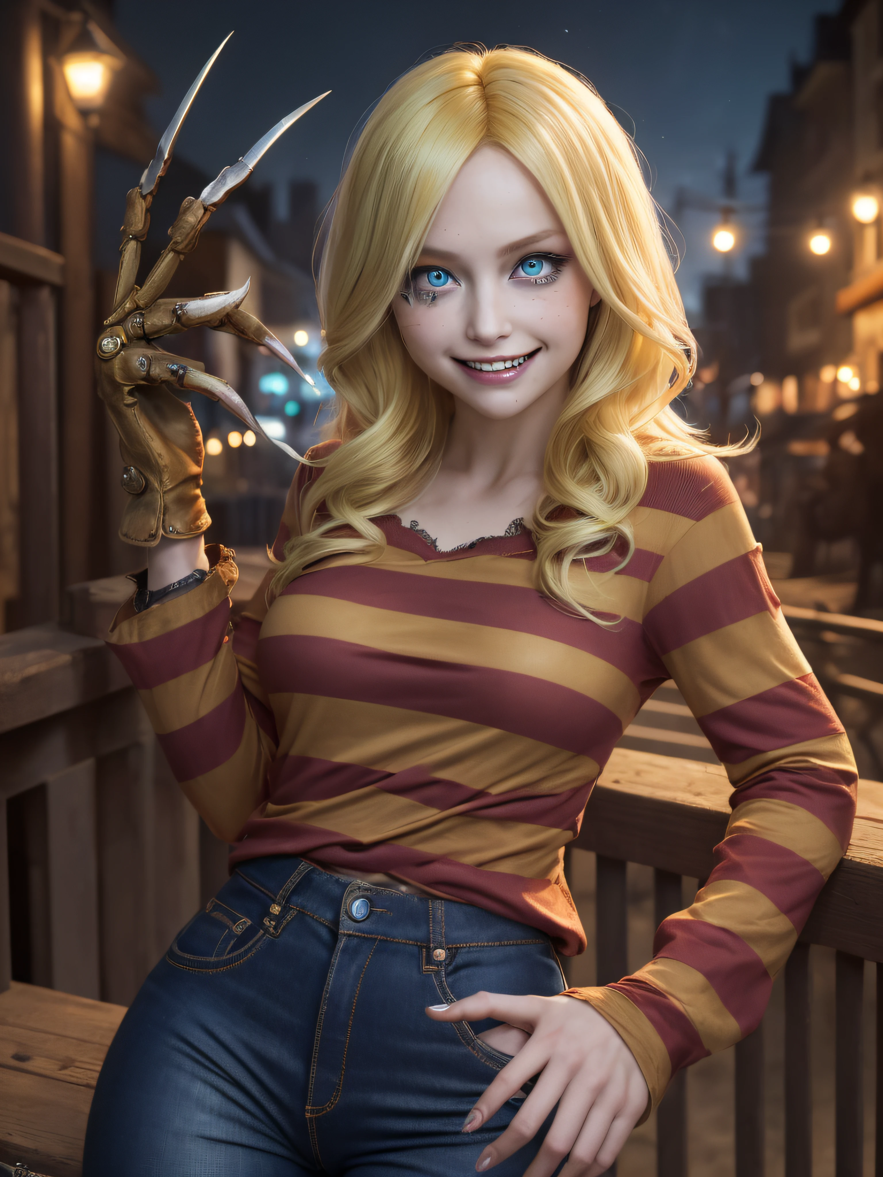 (masterpiece, best quality:1.2), cowboy shot, solo, 1girl, evil smile, looking at viewer, blonde hair, crazy eyes, constricted pupils, kruegercosplay, striped shirt, gloves, claw \(weapon\), blue pants, night, neighborhood