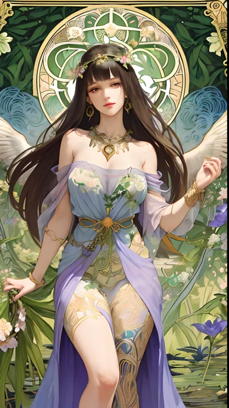 masterpiece, best quality, Alphonse Mucha, art nouveau,
 (tarot card style:1.3),  unique tarot card framework incorporating floral and greenery elements,
blunt bangs, black straight long hair, looking at viewer, 
Amidst a verdant garden, a mystical maiden ...