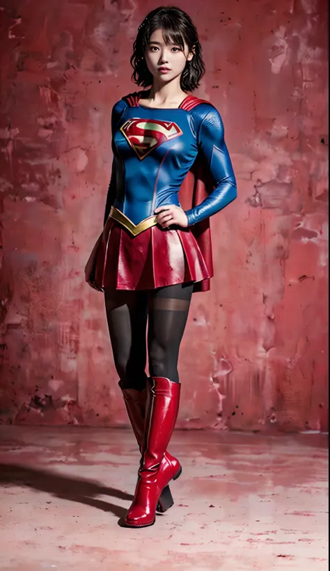Beautiful girl fighting、japanes、Cute Beautiful Girl、(((Wear black tights on your beautiful legs.)))、(((beauty legs)))、(((Open thighs)))、((((Make the most of the original image)))、(((Supergirl Costume)))、(((Beautiful hair in a short cut)))、(((Injured)))、(((...
