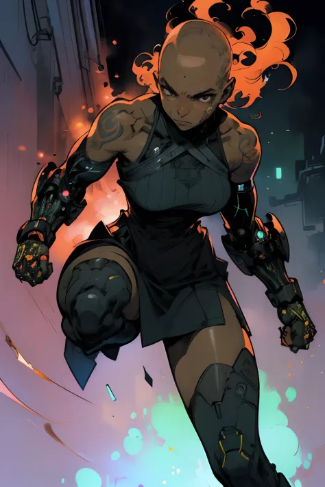 bald dark-skinned woman in a dress with mechanical arms, excellent lighting, sidelighting, (), vhsKeeper,, style GUILTY GEAR -ST...