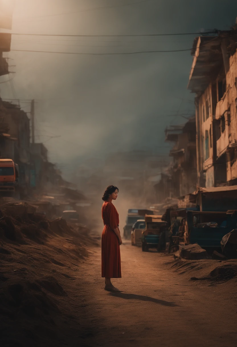 Arafed woman in red dress standing on dirt road in urban area - SeaArt AI