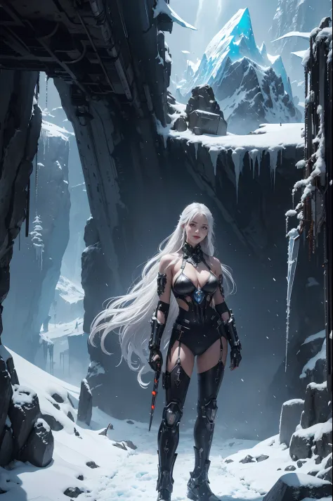 Cyberpunk, mechanical, broken, there is a picture of a very large iceberg, cyberpunk, mechanical, broken, with a lot of snow, dungeon background, icicle background, arena background, game background, dark dark cave background,a female warrior standing up,h...