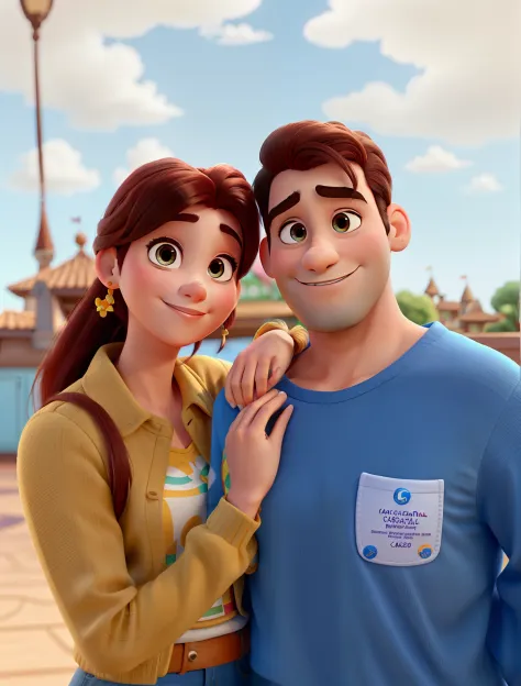 Casal feliz estilo Disney Pixar.  Cabelo mulher castanho loiro