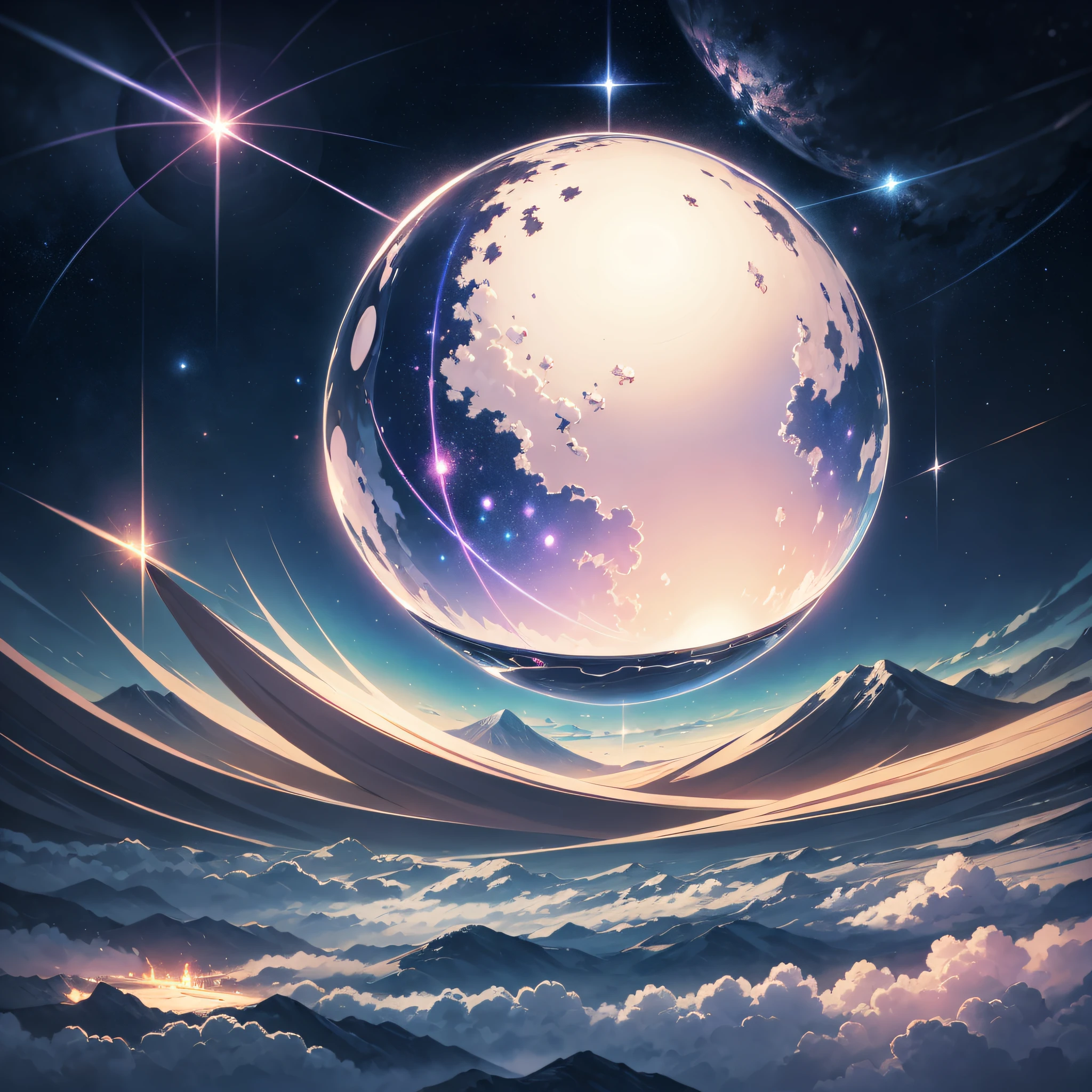 A giant mirror sphere floating in space, luzes piscando, (Fields green like the sky surrounded by high mountains and clouds: 1.3), particles in the air, raios divinos, estrelas no fundo, Fractais complexos, circunstanciado, (illustration), master part, high resolution, melhor qualidade.