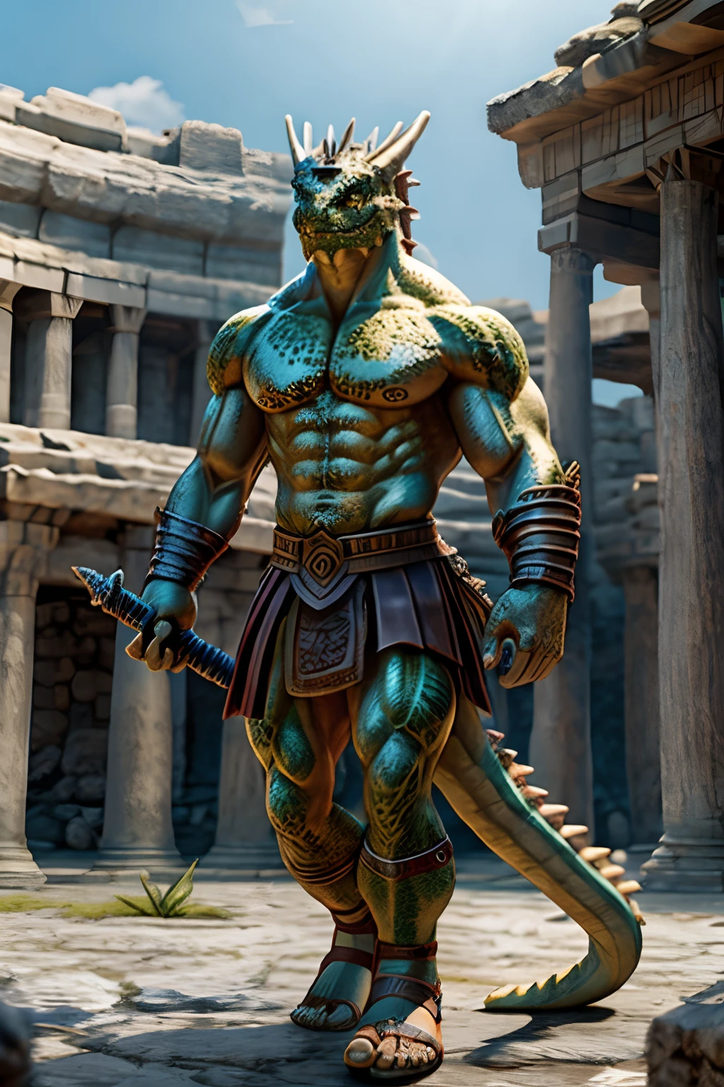 Argonian, solo, male, shirtless, red neck, spikes on head, green scales, huge muscular frame, Greek sword, round spartan shield, Conan fur skirt, leather strap sandals, arena