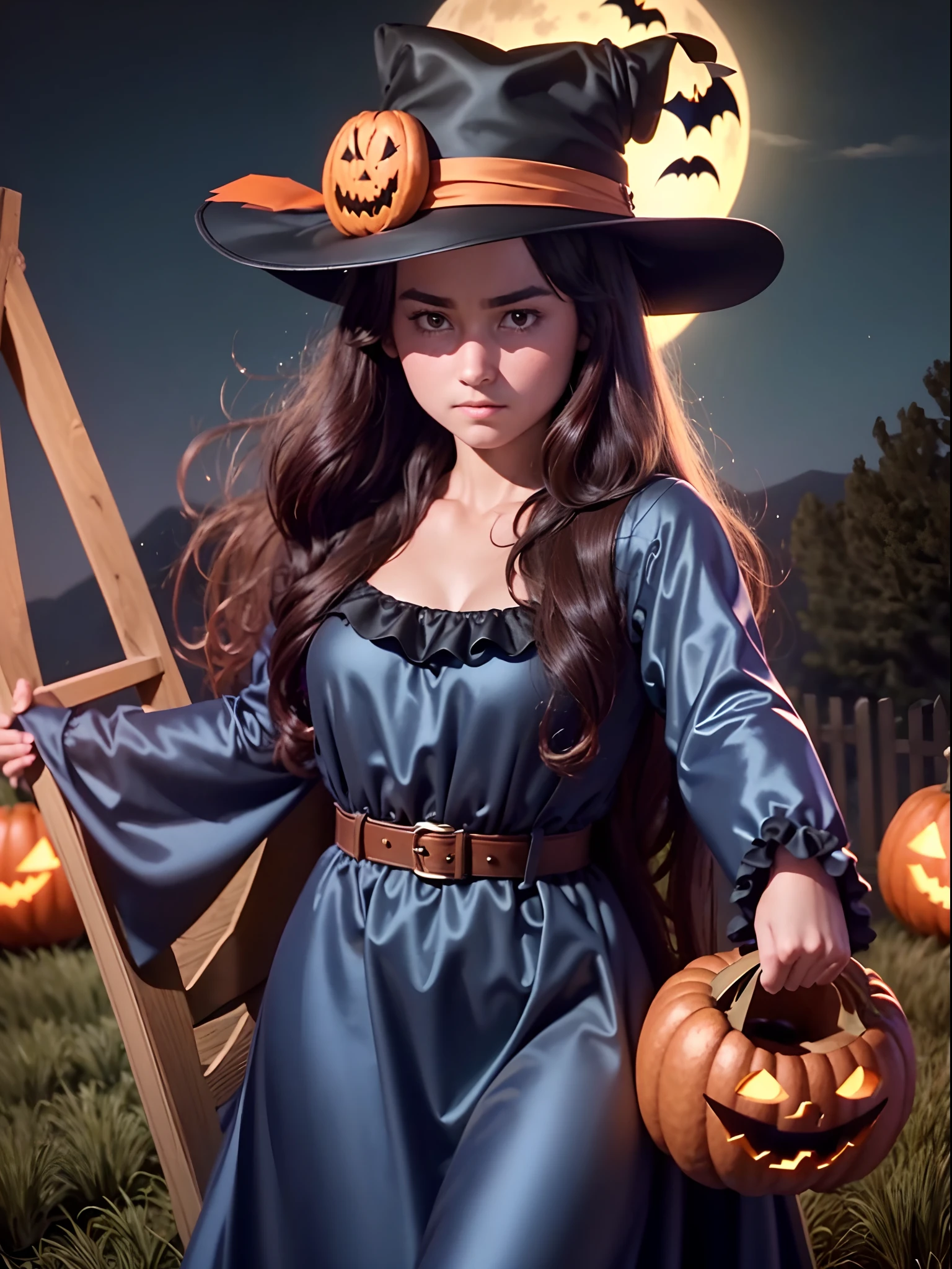 Masterpiece, Best Quality, High Quality, Ultra Quality, 8K, UHD, Sony color, a girl wearing a halloween costume, halloween hat, carrying a small halloween pumpkin in hand, sat in the queen's chair, night on top of the hill, big moon, blue dress, lots of bats, lots of halloween pumpkins around, on top of a halloween themed hill