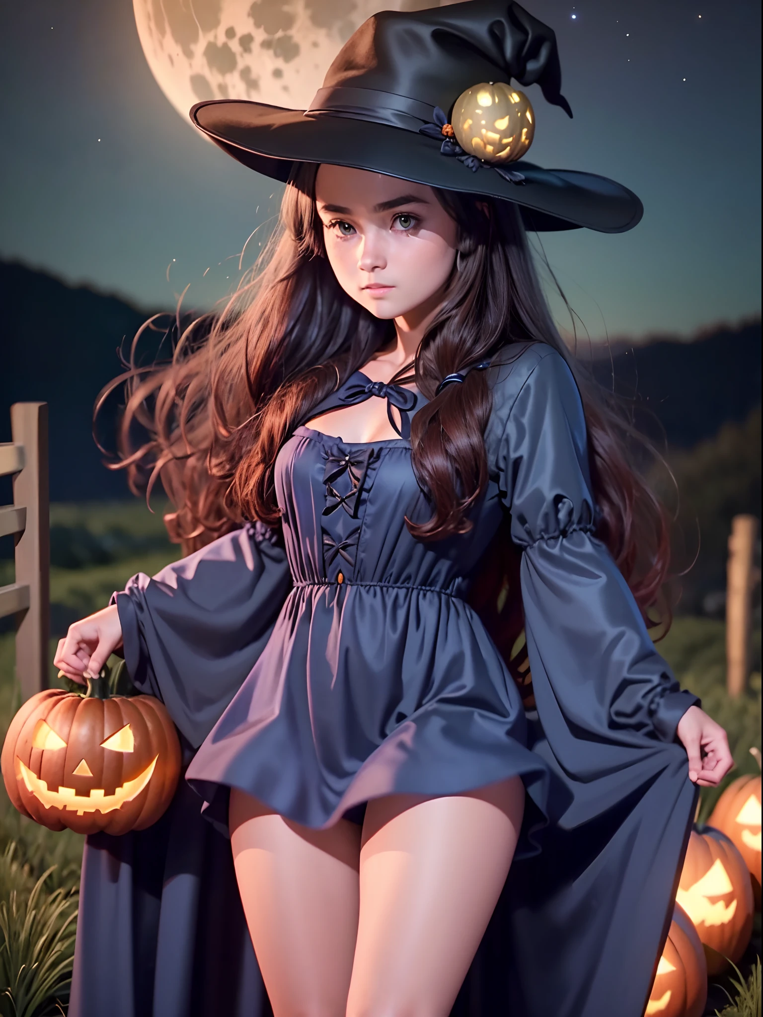 Masterpiece, Best Quality, High Quality, Ultra Quality, 8K, UHD, Sony color, a girl wearing a halloween costume, halloween hat, carrying a small halloween pumpkin in hand, sat in the queen's chair, night on top of the hill, big moon, blue dress, lots of bats, lots of halloween pumpkins around, on top of a halloween themed hill