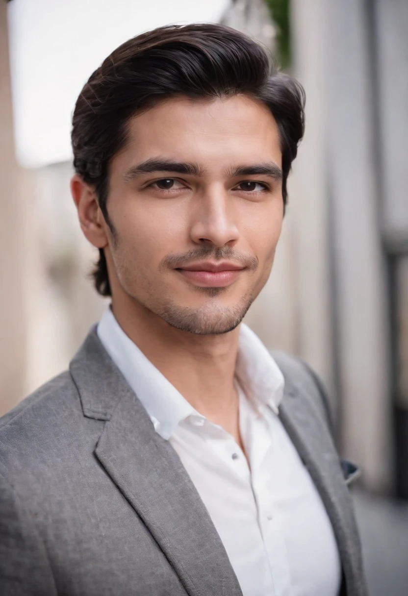 Portrait of handsome man 30 years oval face cinematic appearance、Camisa branca e jaqueta com gola、looking at the camera, hispanic, smiling, cheerful, black hair, blazer, white shirt, dark black hair, no facial hair, realistic skin