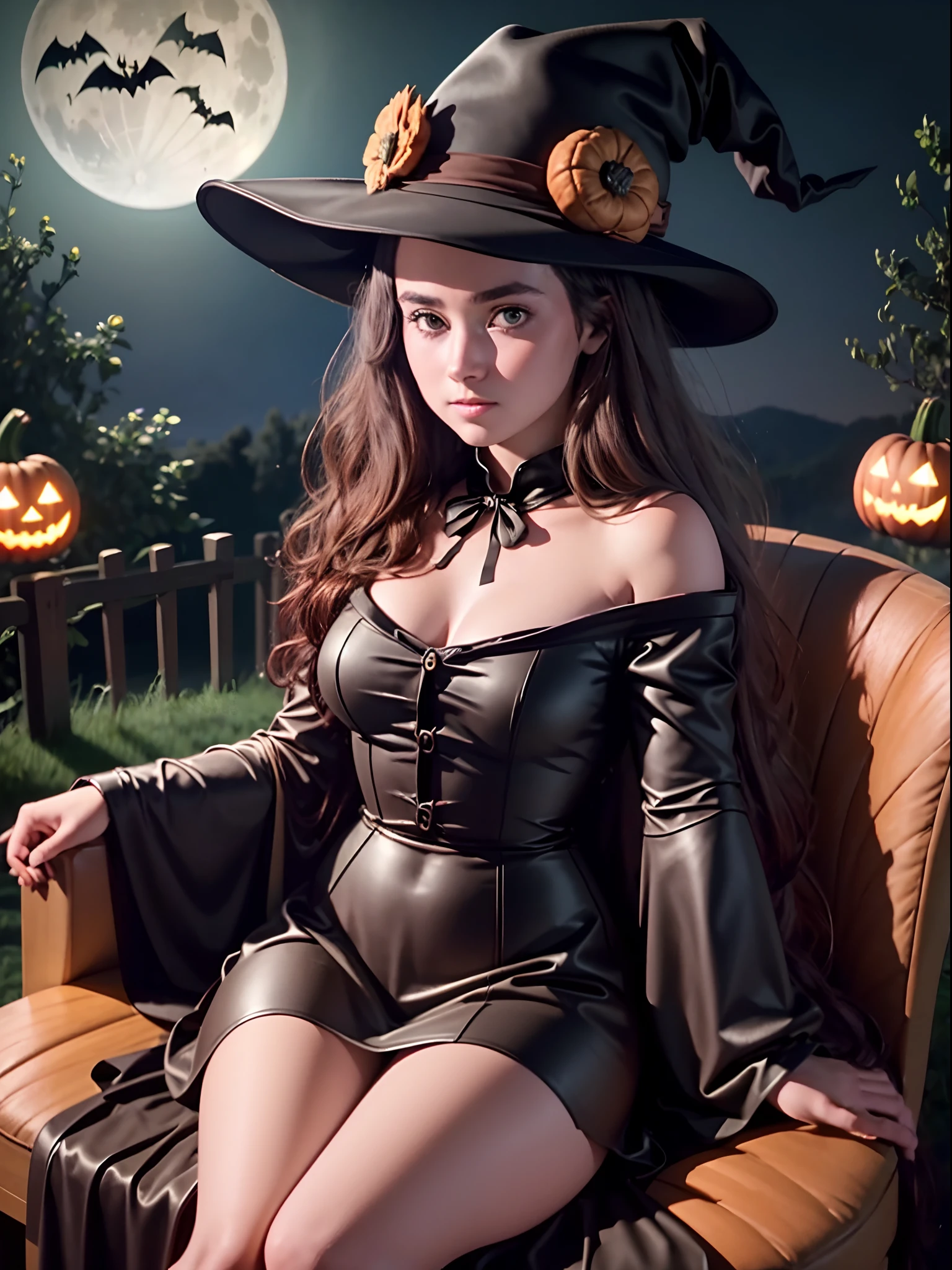 Masterpiece, Best Quality, High Quality, Ultra Quality, 8K, UHD, Sony color, a girl wearing a halloween costume, halloween hat, sat in the queen's chair , night on top of the hill, big moon, lots of bats, lots of halloween pumpkins , on top of a halloween themed hill