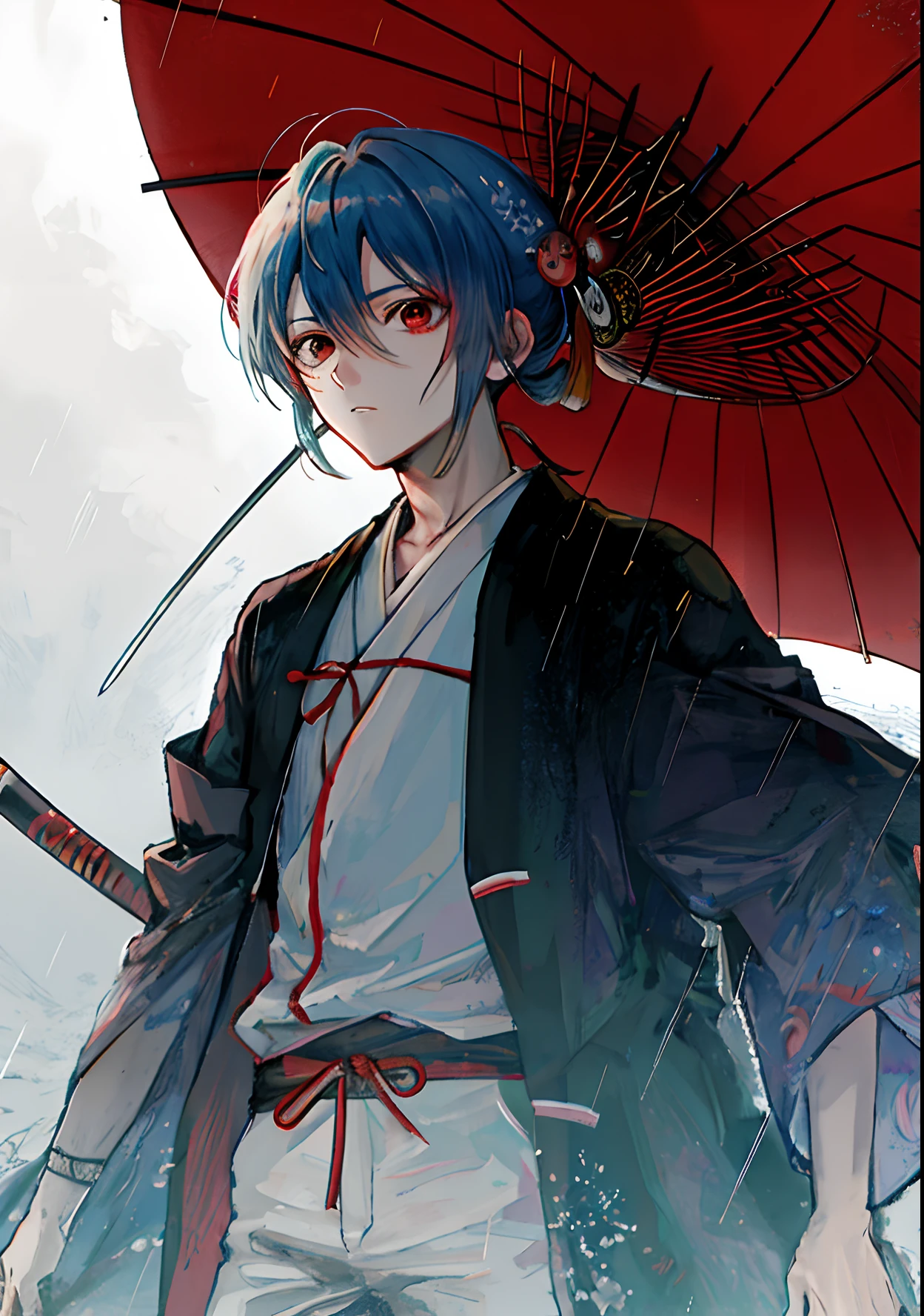 Anime boy,a close up of a person with a sword in the rain, rurouni kenshin, inspired by Kanō Sanraku, inspired by Kanō Hōgai, from kenshin, demon samurai, inspired by Sōtarō Yasui, cthulhu samurai, cyberpunk samurai, inspired by Kawabata Ryūshi, shinigami