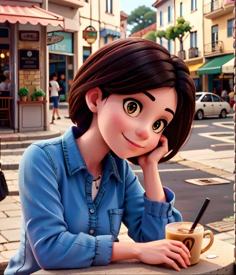 Beautiful Brazilian woman sitting and drinking coffee outside on the street side in a small café, beautiful face, Short black hair to the nape of her neck with brown eyes and heavy eyeshadow, Wearing jeans and a black polo shirt, grande estilo de moda, loo...