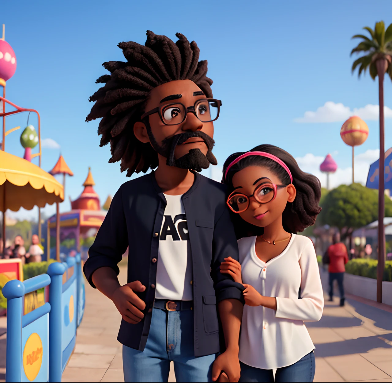 A black couple is in.an amusement park. The woman is a little taller than the man, cabelos cacheados longos com as pontas douradas. O homem tem a pele mais clara, cabelos curtos cacheados e barba e bigode curtos. Man wears clear prescription glasses