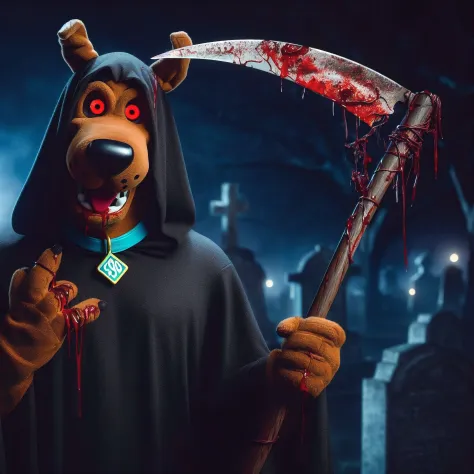 Halloween Special - Scooby-Doo alone in a cemetery wearing a black hooded cloak and holding a scythe in his left hand covered with blood, looking at the viewer with red eyes and a creepy and scary smile  The background is very spooky with ghosts