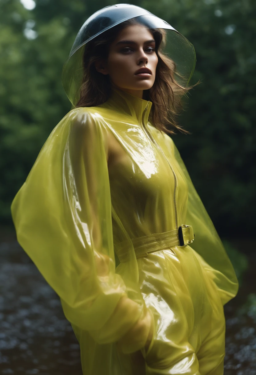 A woman in a yellow raincoat standing in a river - SeaArt AI