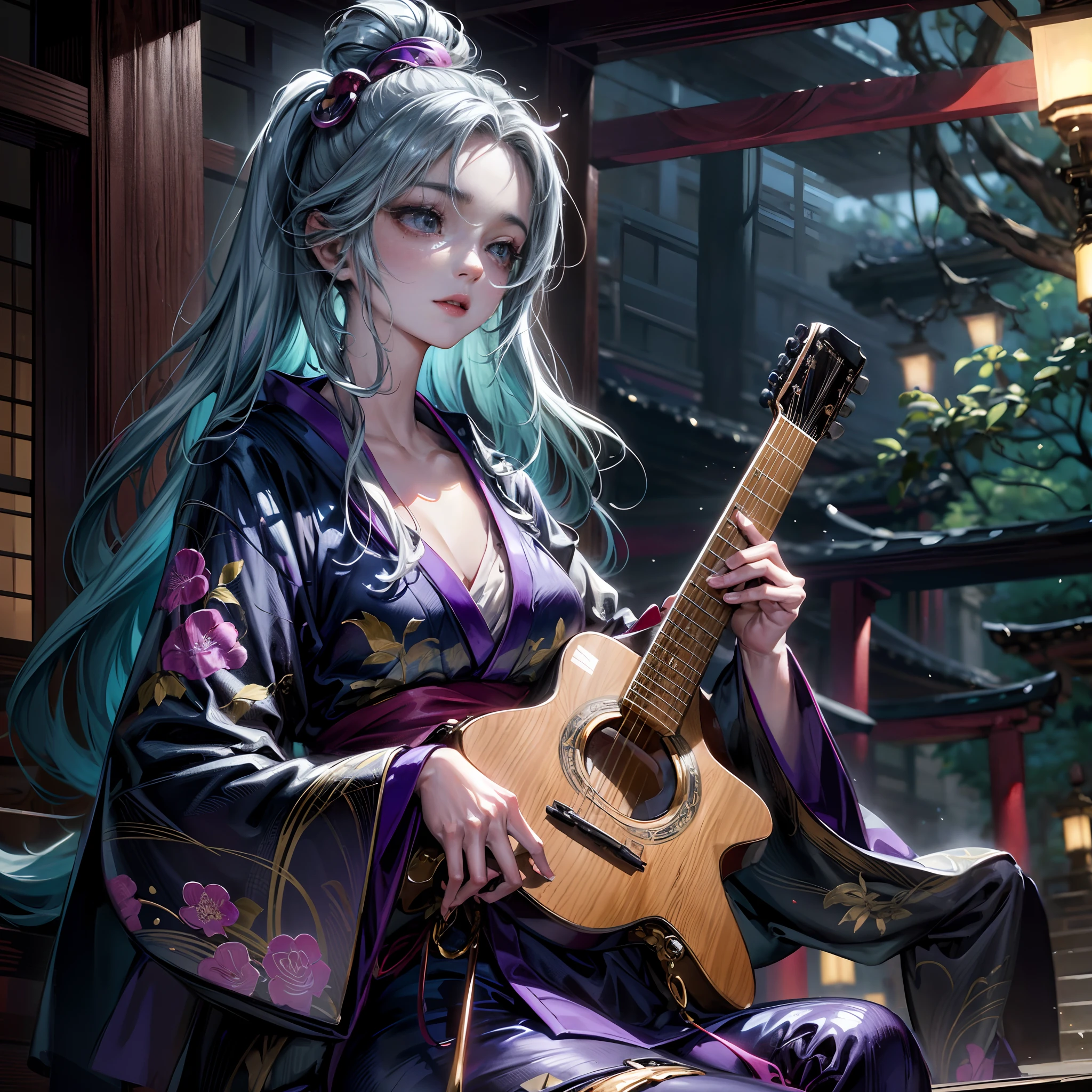 Cinematic lighting,super detailed skin、Beautiful detailed eyes、Best Quality,Perfect Anatomy,(Alternative、dim colors, Soothing tones:1.3),(Detailed beautiful facial features:1.3)Girl in a fancy purple kimono、 （Girl Playing Guitar、Highly detailed hands:1.6）Inside the temple where you can see the waterfall of Kiyomizu-dera Temple、Highly detailed feet（A horde of fox men surrounds her,、I'm paying attention:1.8）fullllbody