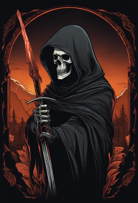 /imagine prompt: grim reaper illustration for a sticker with a black background, in bold outline style, jagged edges, trashcore, light shading --v 5.2
