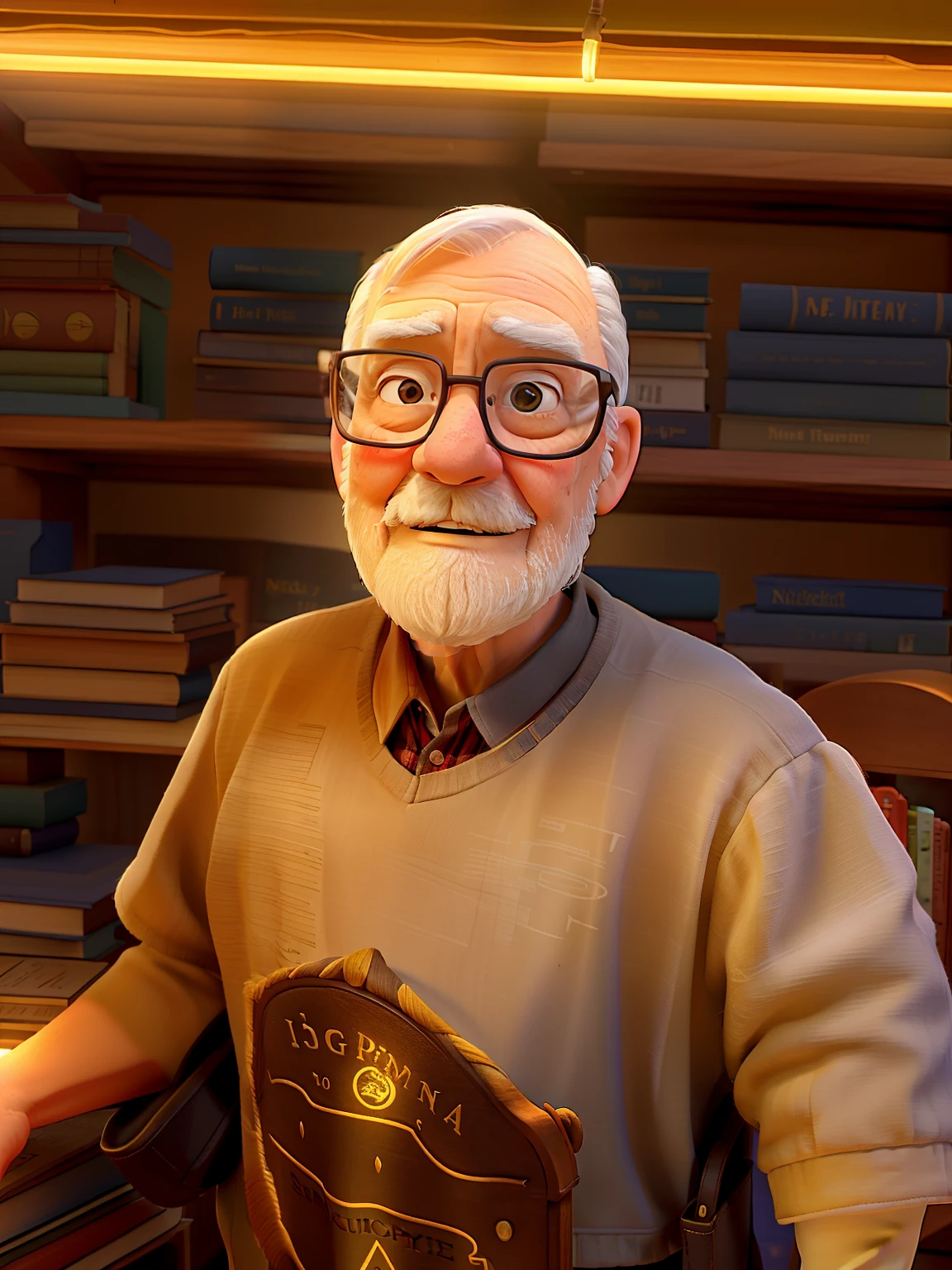 A wise old man standing in front, illuminated by the light of a lamp, against the backdrop of a library