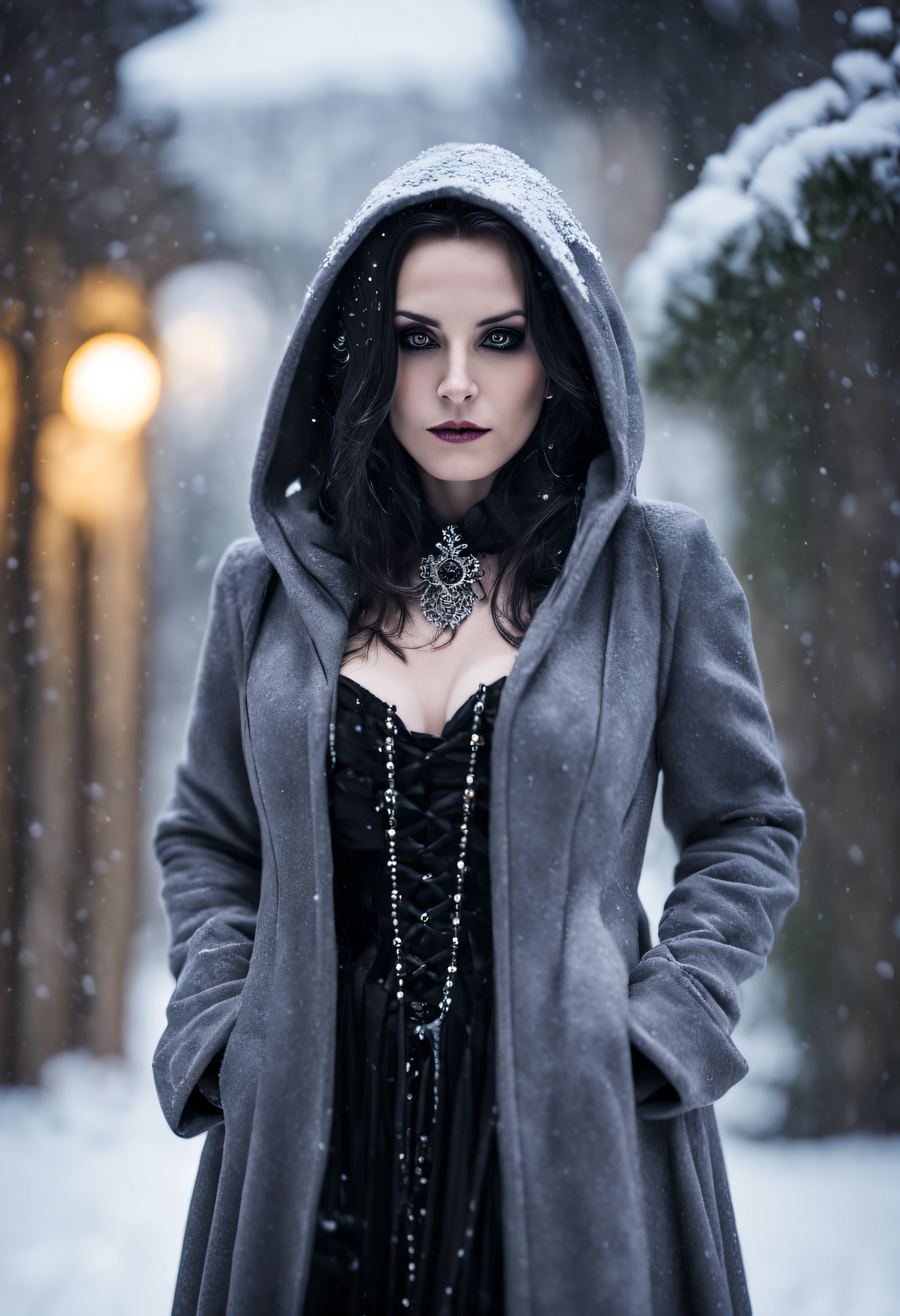 on location, ((( blizzard, snow ))), bokeh, shallow depth of field, ((empty background )), 37 year old woman, (greying):0.1, very feminine, goth, Spanish:2, (( thigh-length hair )), heavy goth dress, heavy floor length coat with hood not lifted, ornate:2 choker, small breasts, (( plus size ):0.2), ((rectangle)) body shape