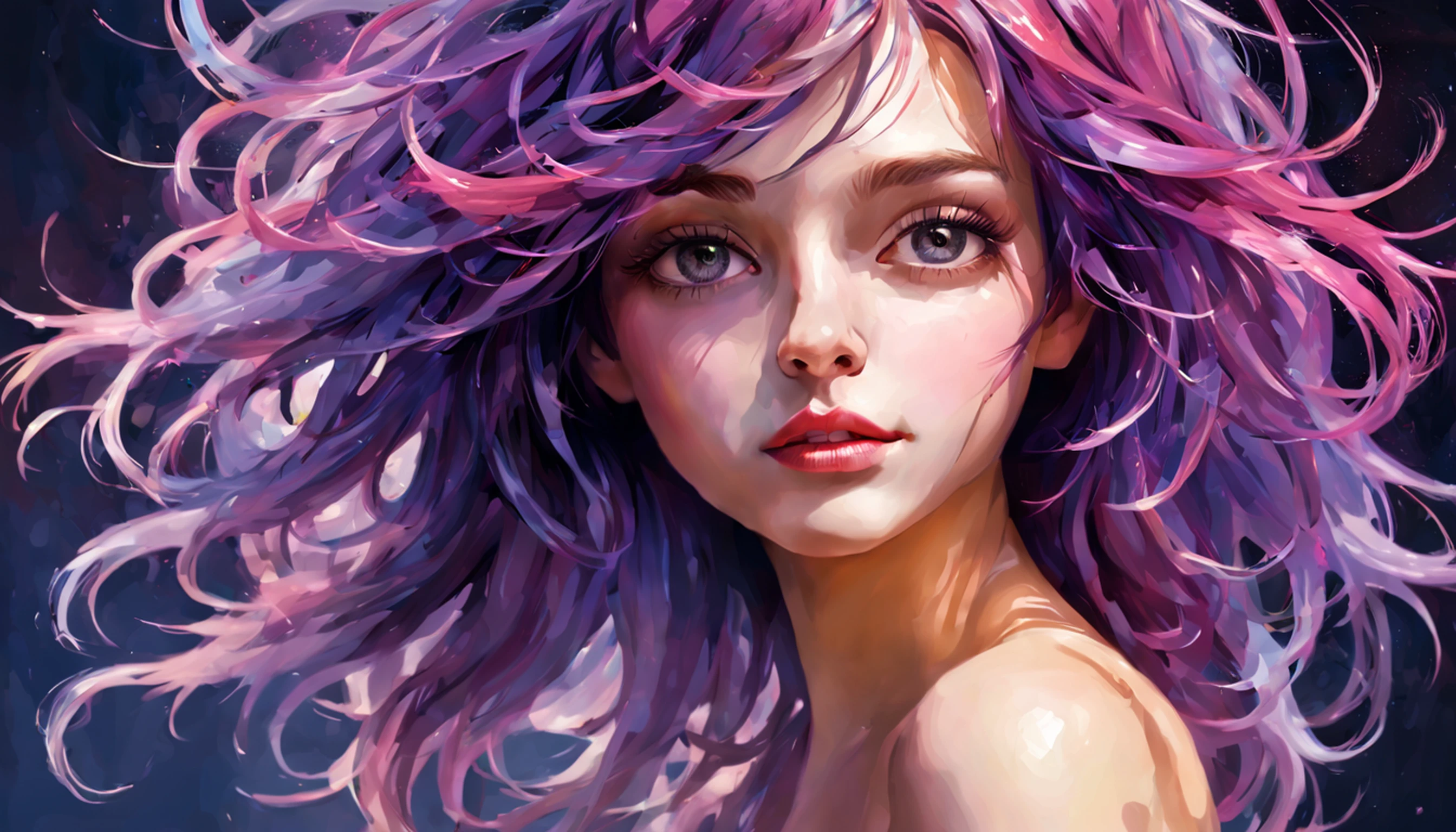 Mulher bonita colorida: uma mulher de 18 anos, hair messy, oil-painting, Nice perfect face with smooth skinice perfect face, cores amarelas azuis, light purple and violet additions, light red additions, detalhes intrincados, tela inicial, 8K分辨率, obra-prima, rosto bonito, artstation pintura digital fluxo de tinta liso muitoBlack: 8K resolution photorealistic masterpiece: pintura guache fluido intrincadamente detalhada: por Jean Baptiste Mongue: caligrafia: acrylic: aquarela, fotografia profissional, natural  lightting, Maximalist volumetric lighting photoillustration: por marton bobzert:, complexo, elegante, expansivo, genial