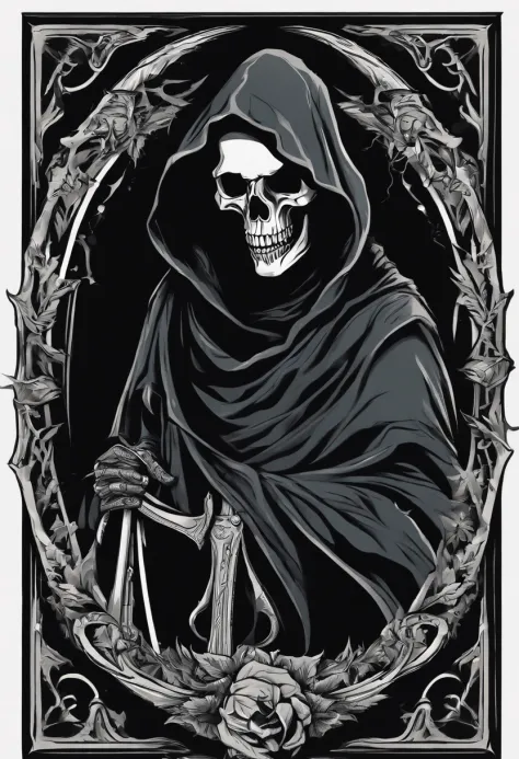 /imagine prompt: grim reaper illustration for a sticker with a black background, in bold outline style, jagged edges, trashcore, light shading --v 5.2
