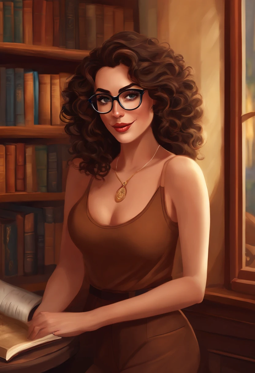 A brunette woman with very curly dark brown hair and long medium length, olhos castanho escuro, dark brown round glasses. She's wearing a brown tank top with a pair of brown pantaloons and she's in a coffee shop standing next to a bookshelf holding a disney pixar-style book