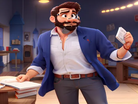 Pode melhorar barba mais rala com uns fios brancos, Make the full body appearing white red shoes. Man stands on black background on a speaker-like stage with microphone in one hand and book in the other in Disney pixar style best quality, maior qualidade.