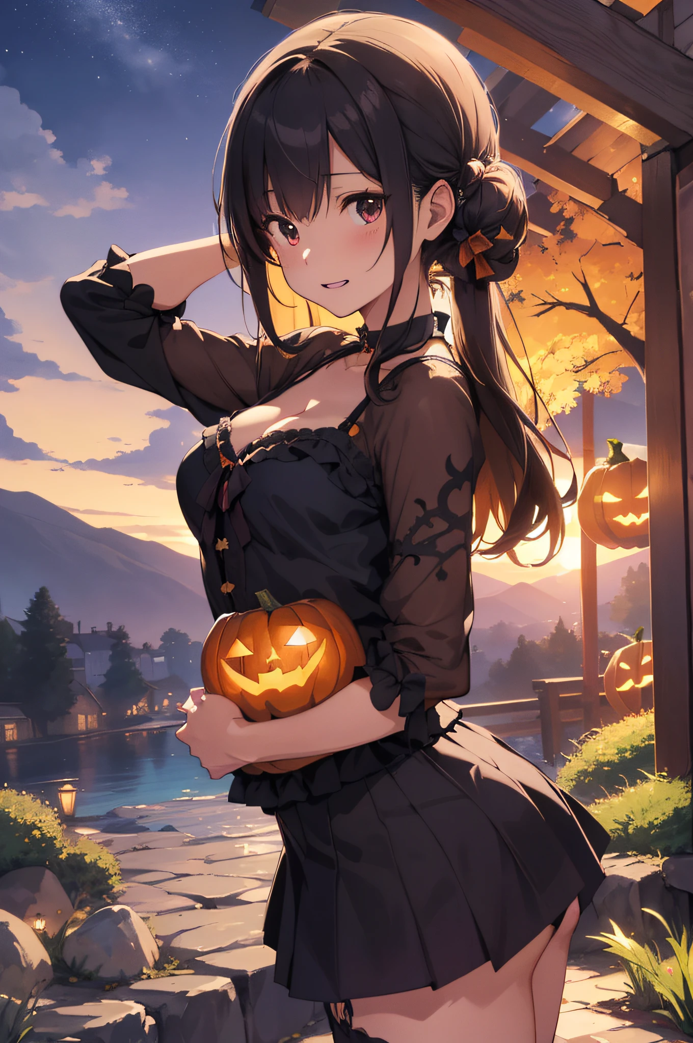 (masutepiece, Absurd quality, of the highest quality, Official art, Beautiful and aesthetic: 1.2), (One Woman: 1.4), Highly detailed, (Fractal Art: 1.3), lean forward and lift the skirt, Miniskirt, cleavage, Halloween、Halloween Venues、Detailed landscapes、Landscape Writing、Halloween costumes、 Cute illustration, Absurd solution, Ultra-detailed, Best Quality,