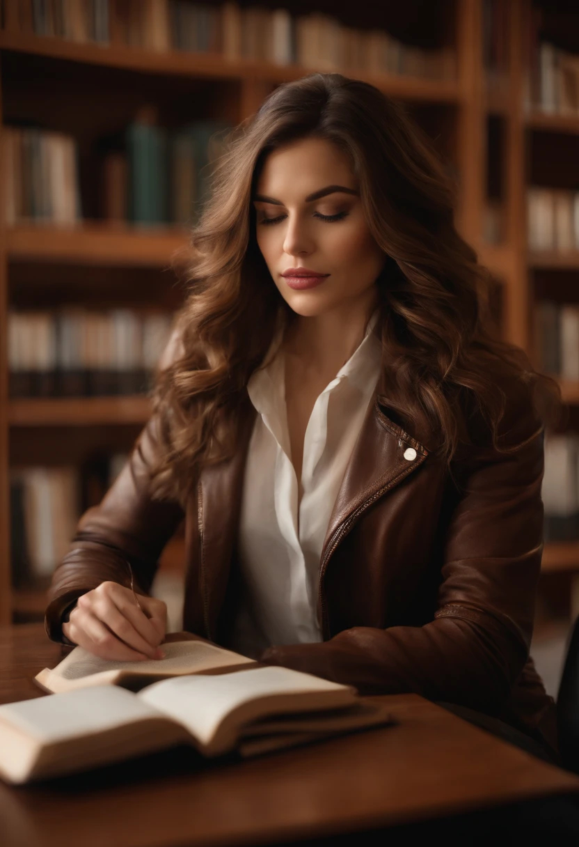 Woman with delicate face, aredan, Italian features, very white skin, wavy hair, big light brown eyes with big light brown eyelashes, with pants with close blouse and leather jacket, sitting in a library full of books, reading with coffee on the table