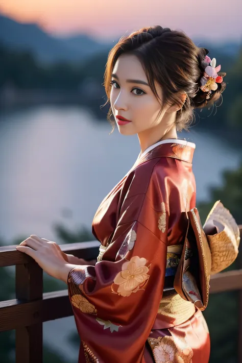 1womanl、(Super beautiful)、(beauitful face:1.5)、(A detailed face)、Early 30s、(Kimono)、Wearing heavy makeup、(red-lips)、Brown hair、(...