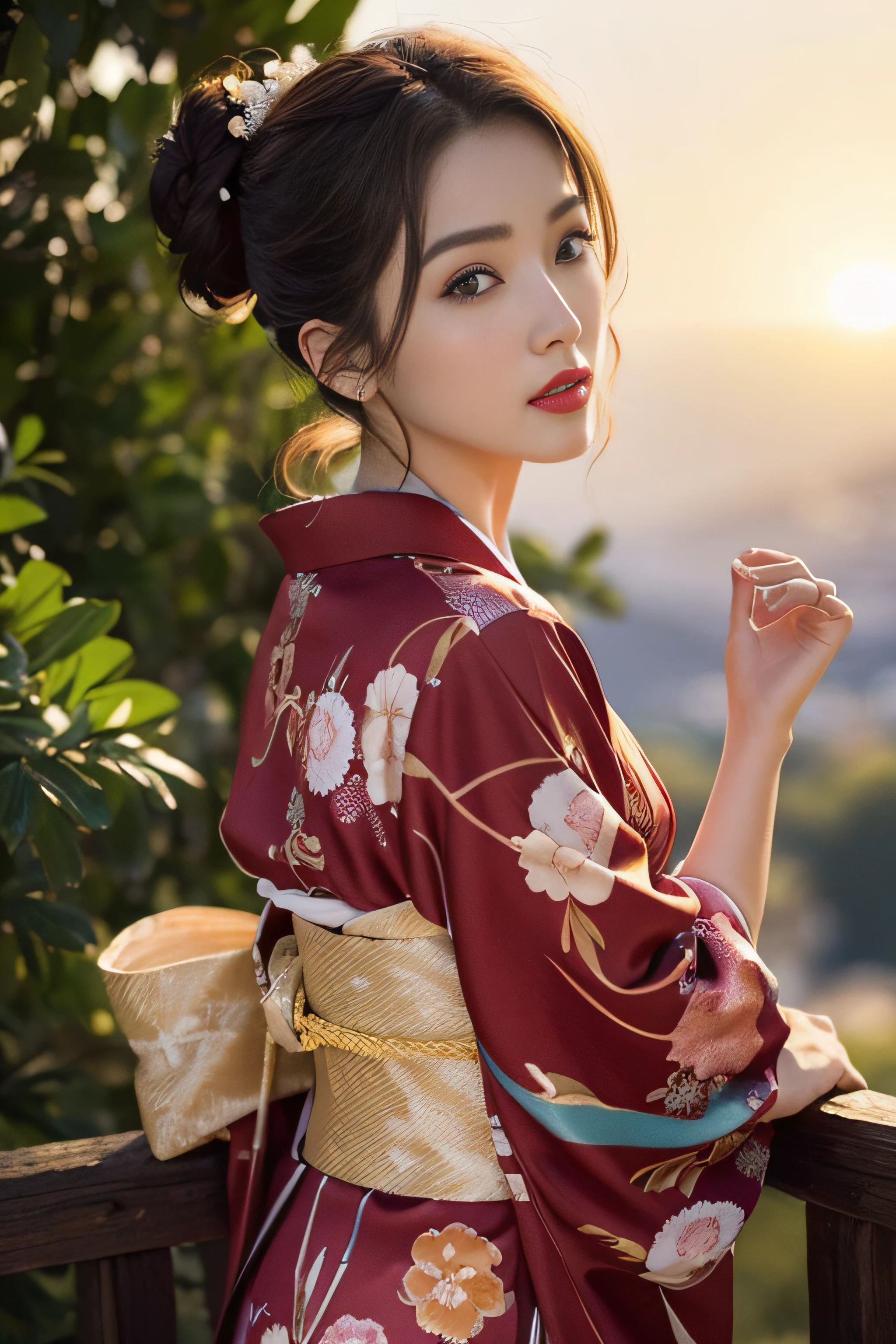 1womanl、(Super beautiful)、(beauitful face:1.5)、(A detailed face)、Early 30s、(Kimono)、Wearing heavy makeup、(red-lips)、Brown hair、(Immediately after sunset:1.2)、(Back lighting)、A scent that can't be hidden、Before you know it, It's ingrained in you、If someone takes you, I want to kill you、Sleep in a hideout、Winding Slope、Joren Falls、soar、shake off、Passing through the dazzling flameont. Amagi I want to climb with you、At SFW