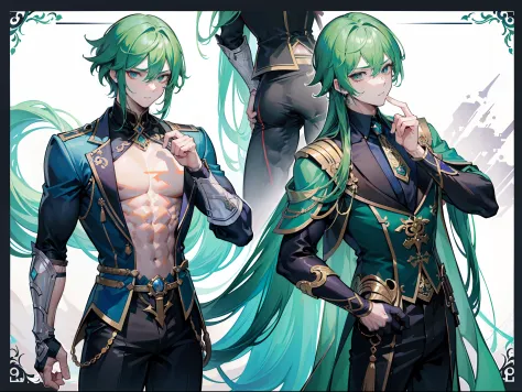 ((Masterpiece, Highest quality)), Male, boy, Detailed face, character design sheet， full bodyesbian, Full of details, frontal body view, back body view, Highly detailed, Depth, Many parts, Muscle boy with long green hair with long bangs，handsome man, muscl...